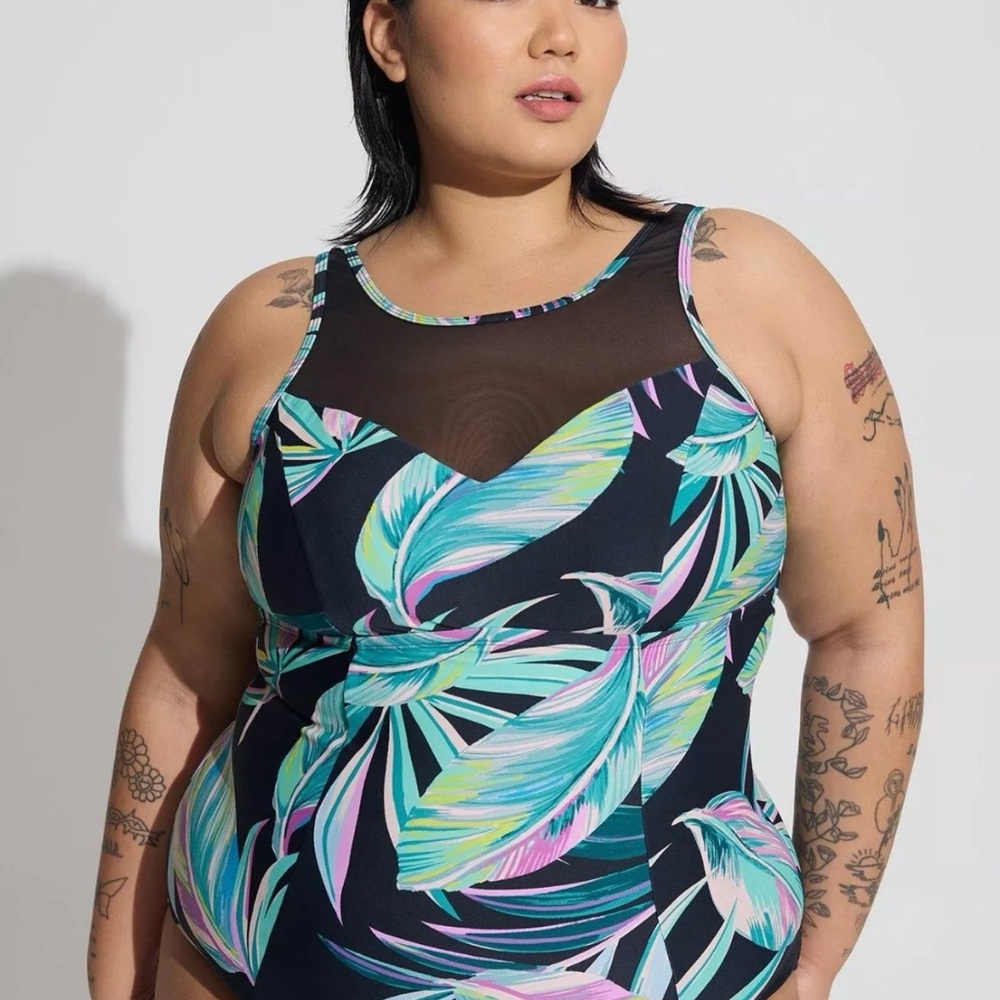 NWOT Torrid Active Wireless Mesh High Neck One Piece Swimsuit Size 3X Leaves - Picture 6 of 7